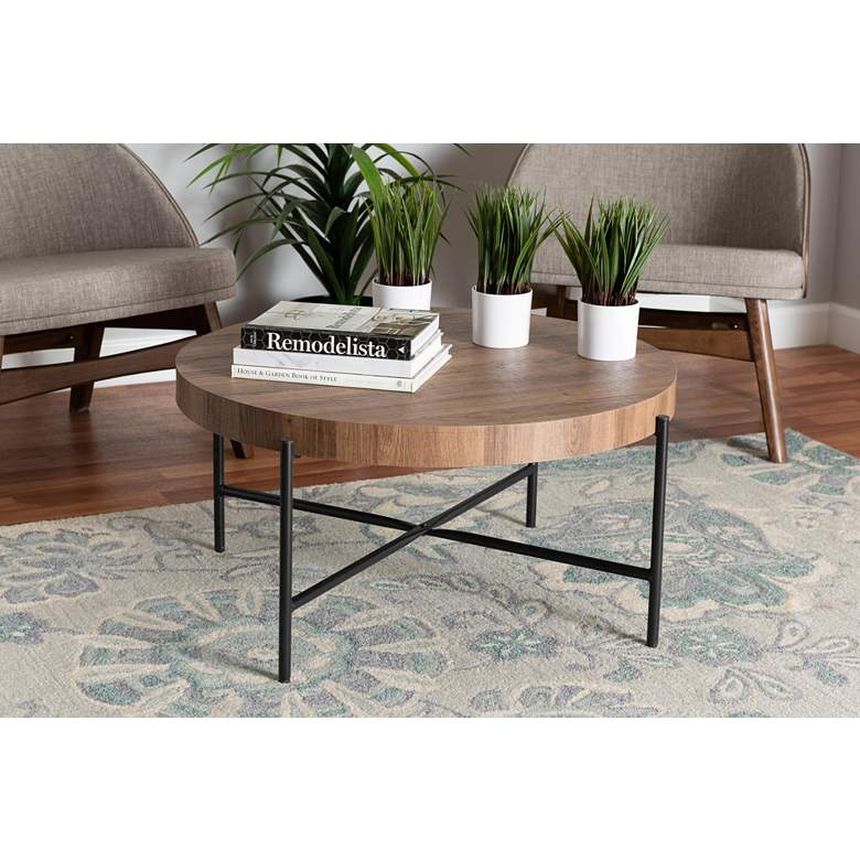 Image 7 Umar 31 1/2"W Walnut Brown Black Metal Round Coffee Table more views