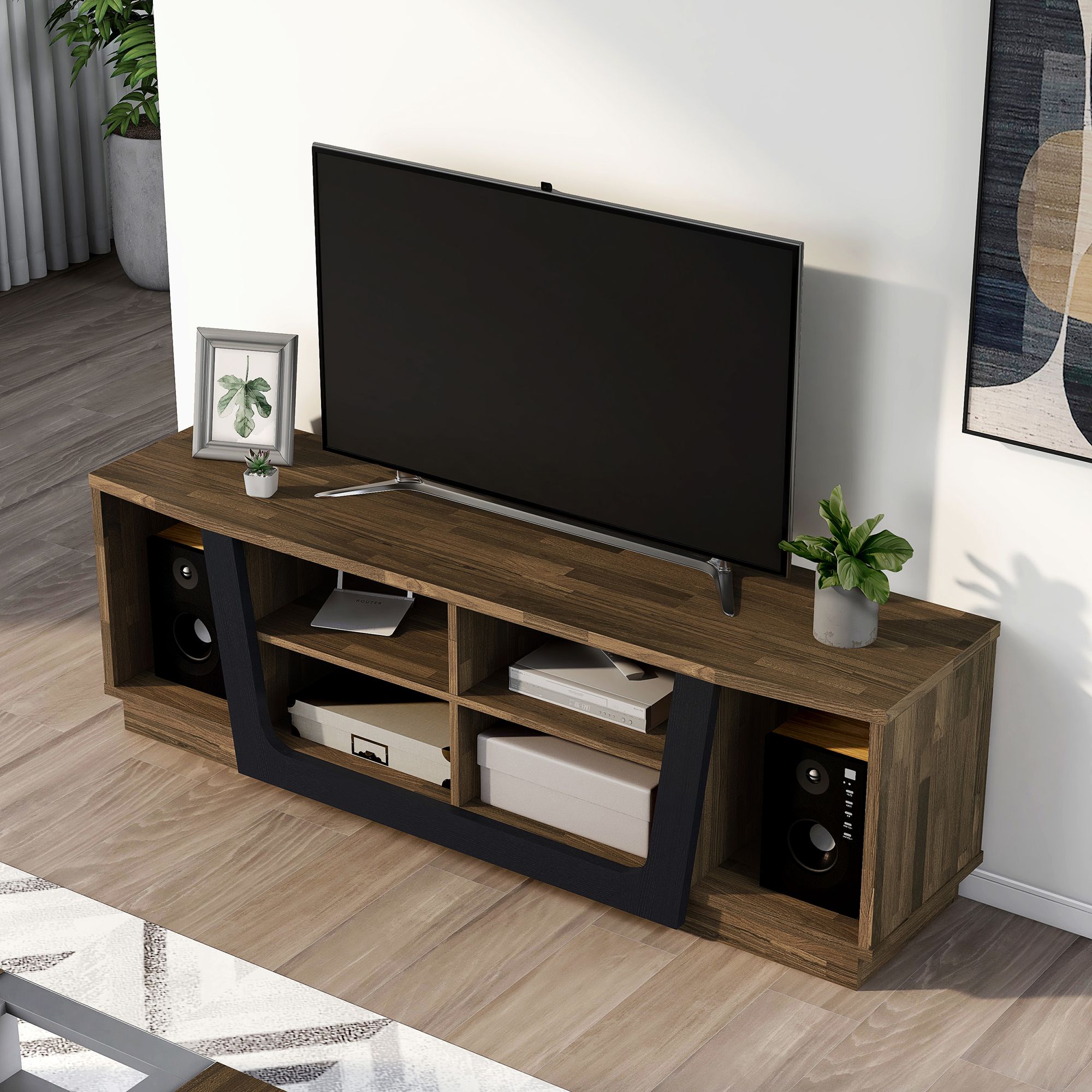 Umbra 63" Wide Light Hickory Wood 6-Shelf TV Stand
