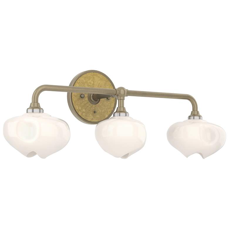 Image 1 Ume 22 inchW 3-Light Brass Accented Curved Arm Gold Sconce w/ Frosted Shad