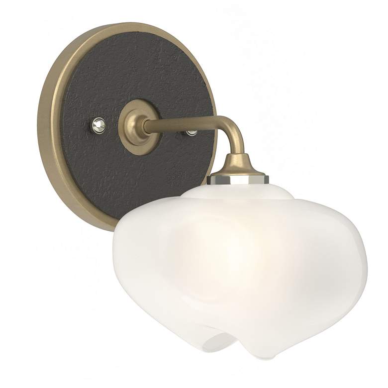 Image 1 Ume 8.5"H Black Accented Curved Arm Gold Bath Sconce w/ Frosted Shade