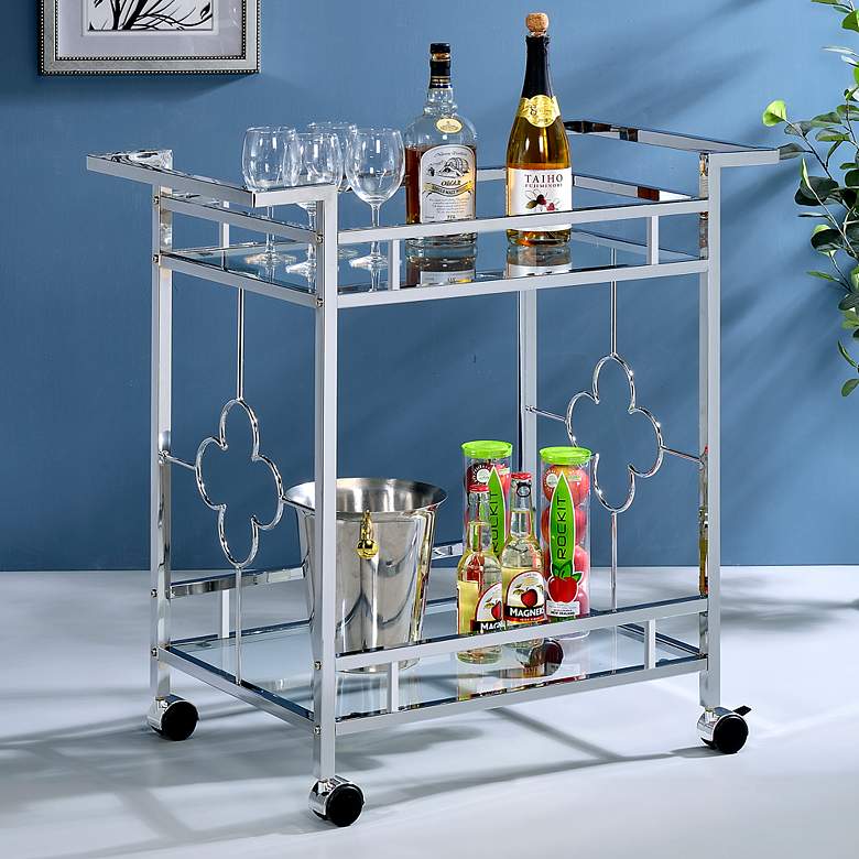 Image 1 Uniondale 32 1/4 inch Wide Chrome Metal 2-Shelf Wheeled Bar Cart