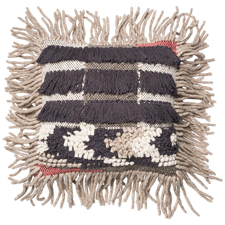 Image 1 Urban Boho Gray Tribal Fringe 18 inch Square Accent Pillow