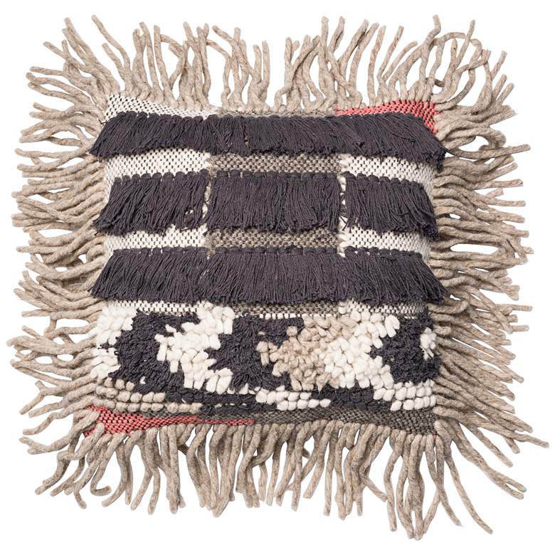Image 1 Urban Boho Gray Tribal Fringe 18" Square Accent Pillow
