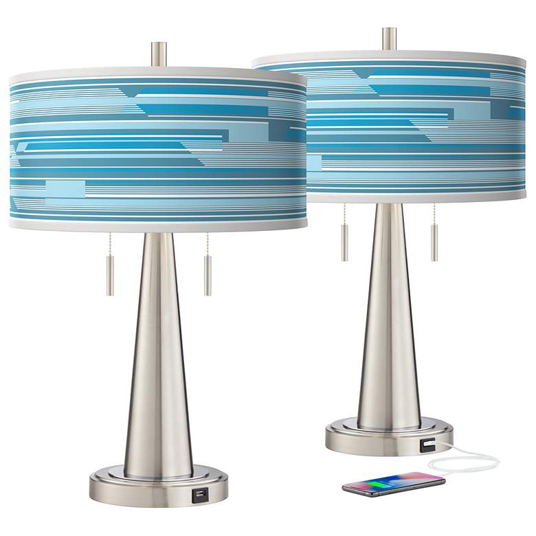 Image 2 Urban Stripes Vicki Brushed Nickel USB Table Lamps Set of 2