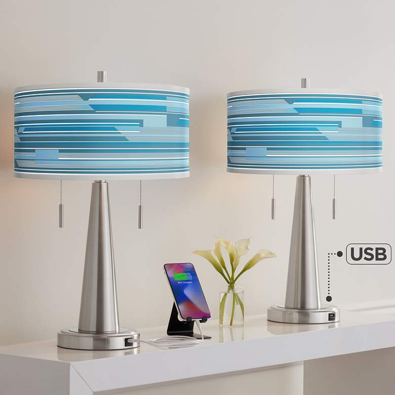Image 1 Urban Stripes Vicki Brushed Nickel USB Table Lamps Set of 2