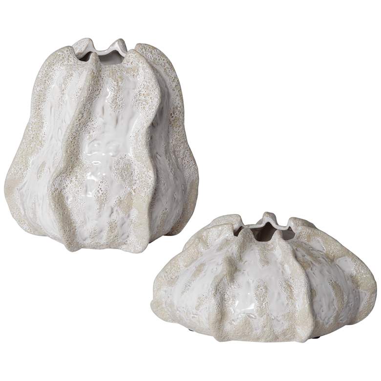 Image 2 Urchin 10 inch Wide Ivory and Beige Glaze Ceramic Vases Set of 2