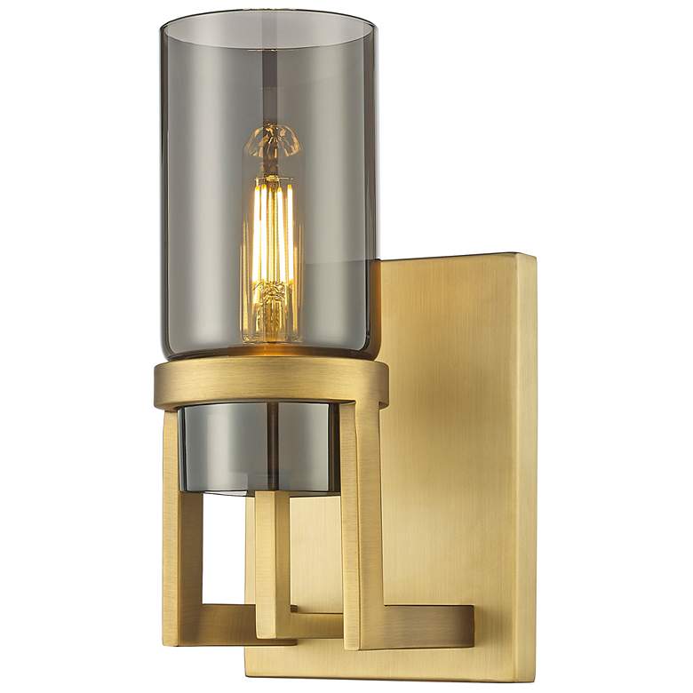 Image 1 Utopia 11.63" High Brushed Brass Sconce With Plated Smoke Glass Shade