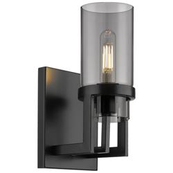 Utopia 11.63&quot; High Matte Black Sconce With Plated Smoke Glass Shade