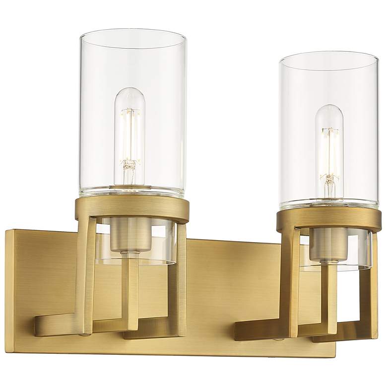 Image 1 Utopia 15" Wide 2 Light Brushed Brass Bath Light With Clear Glass Shad