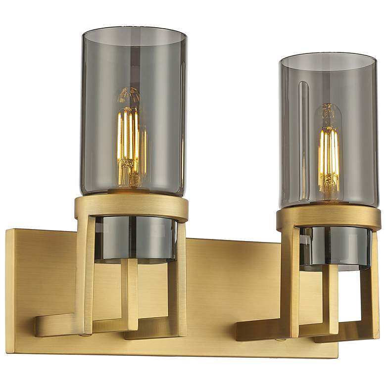 Image 1 Utopia 15" Wide 2 Light Brushed Brass Bath Light With Plated Smoke Sha