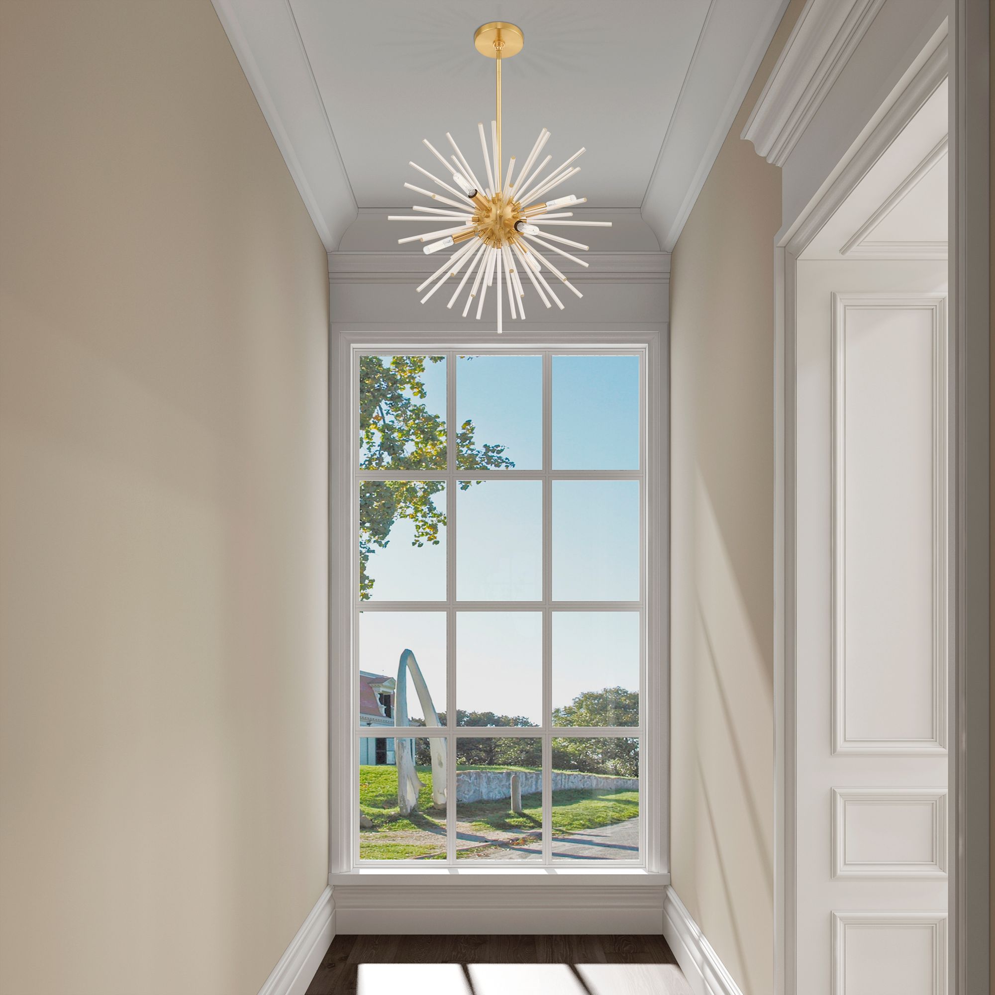 Utopia 20" Wide Brass and Crystal 6-Light Starburst Pendant in scene