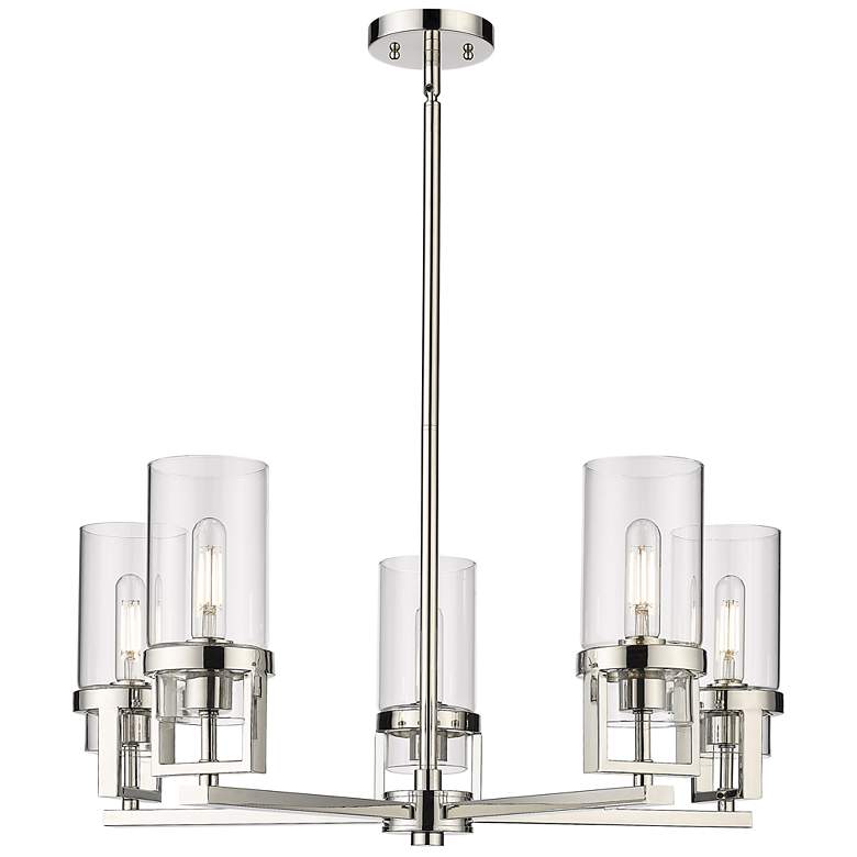 Image 1 Utopia 27.38"W 5 Light Polished Nickel Stem Hung Chandelier w/ Clear S