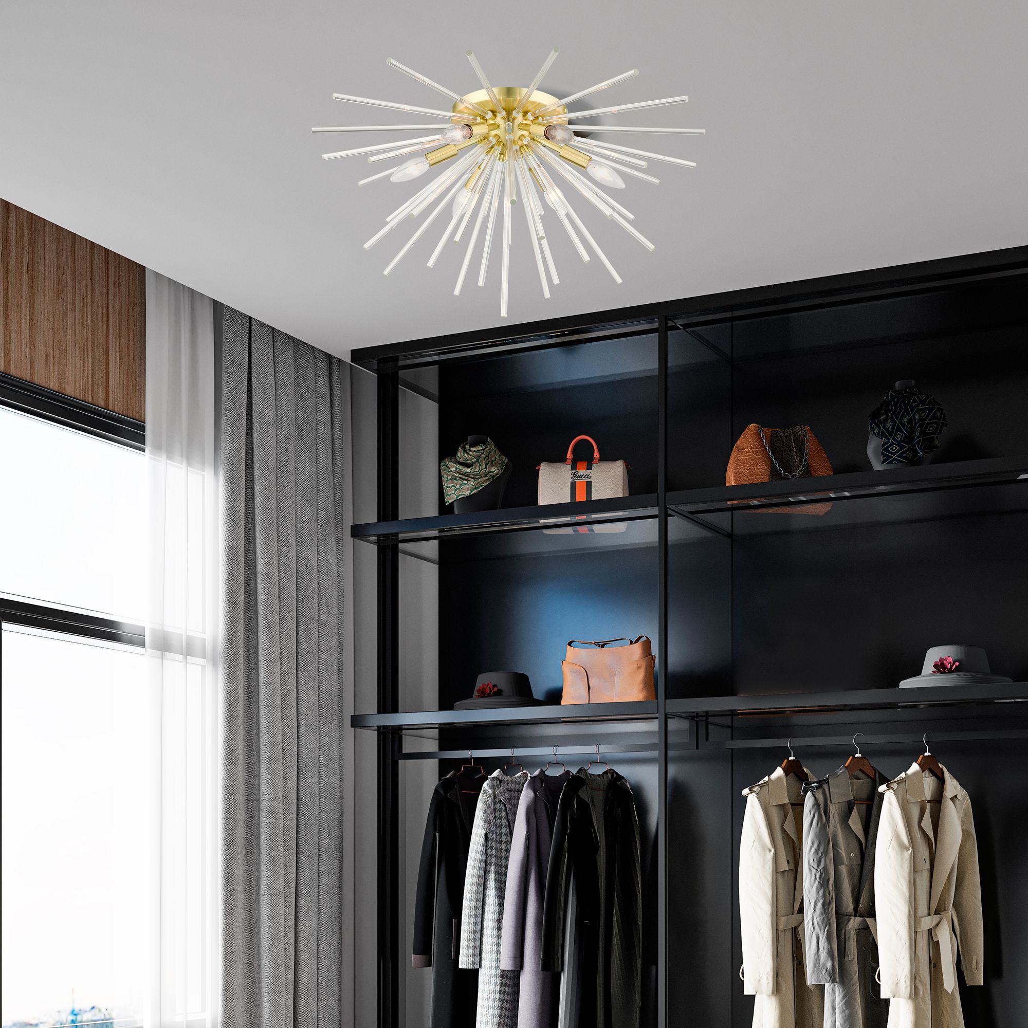 Utopia Extra Large 6 Light Satin Brass Flush Mount in scene