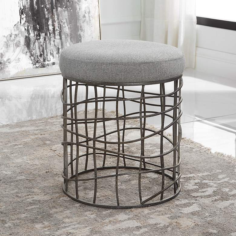 Image 1 Uttermost 19 3/4" High Wire Drum Carnival Gray Fabric Accent Stool