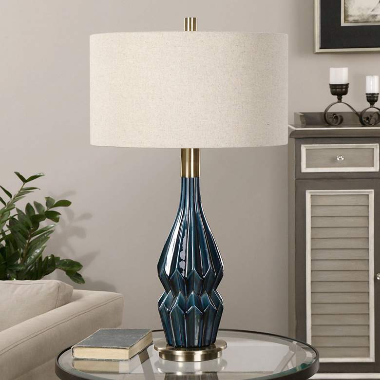 Image 1 Uttermost 31 1/2" Prussian Deep Blue Glaze Ceramic Table Lamp