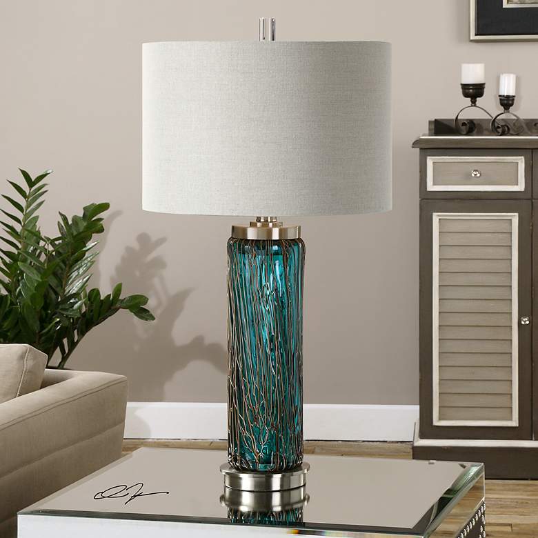 Image 1 Uttermost Almanzora 29 3/4" Blue Glass Cylindrical Table Lamp