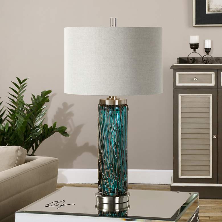 Image 1 Uttermost Almanzora 29 3/4 inch Blue Glass Cylindrical Table Lamp