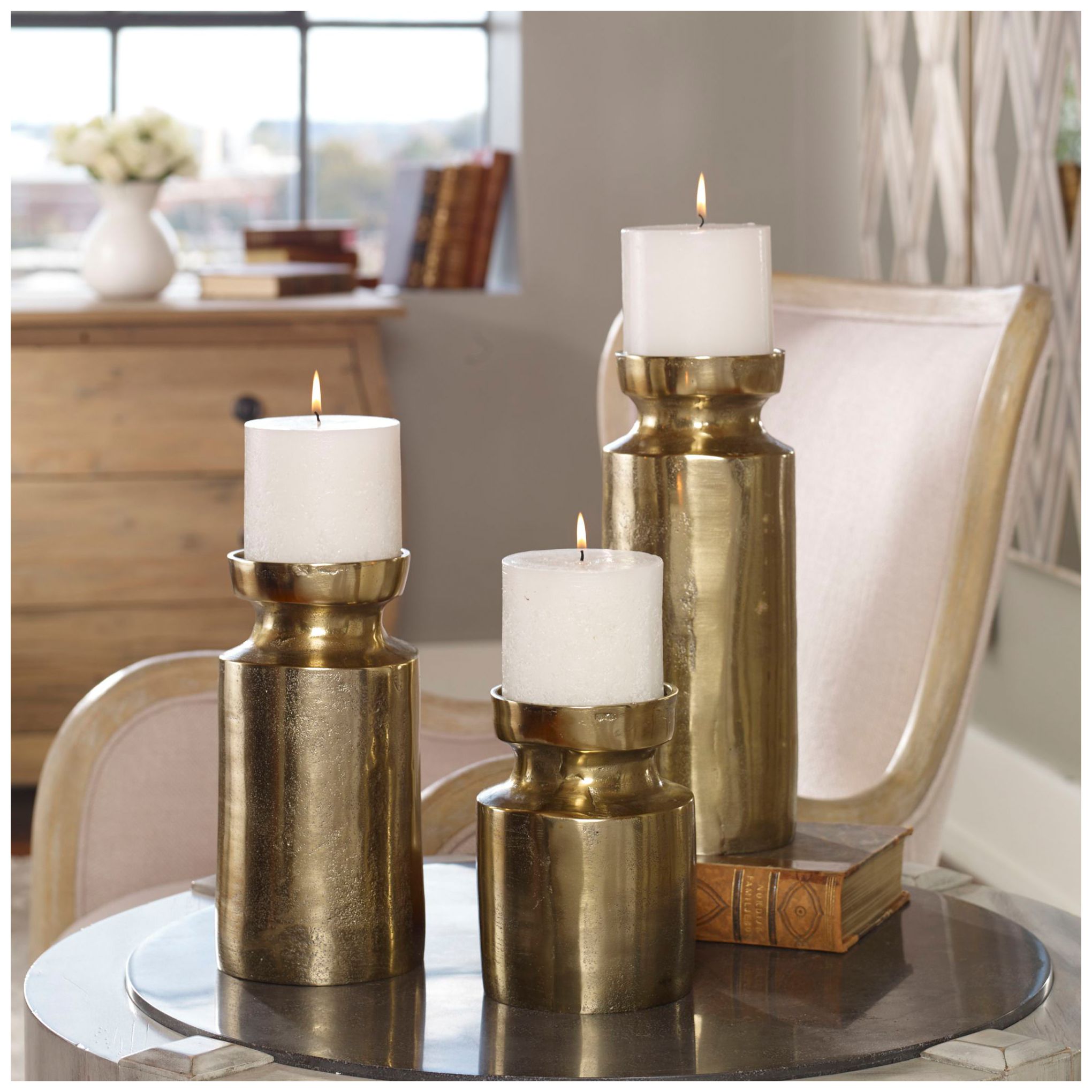 Image 3 Uttermost Amina Antique Brass Pillar Candle Holders Set of 3 more views