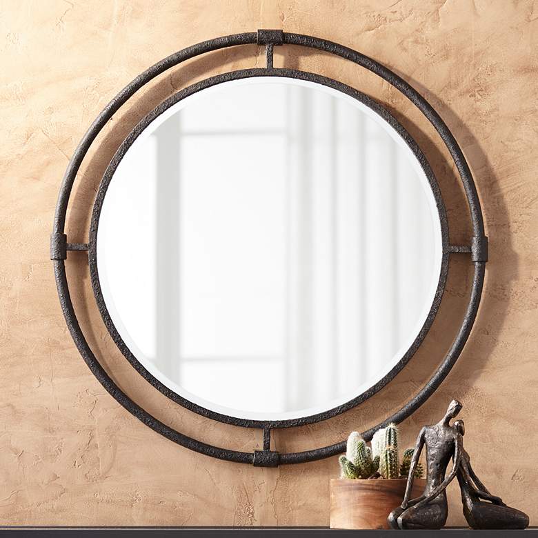 Image 1 Uttermost Ammi 34" Round Rough Black Iron Wall Mirror