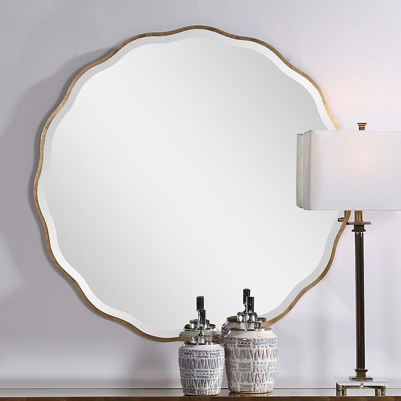 Image 1 Uttermost Aneta Aged Gold 42" Round Scalloped Modern Wall Mirror