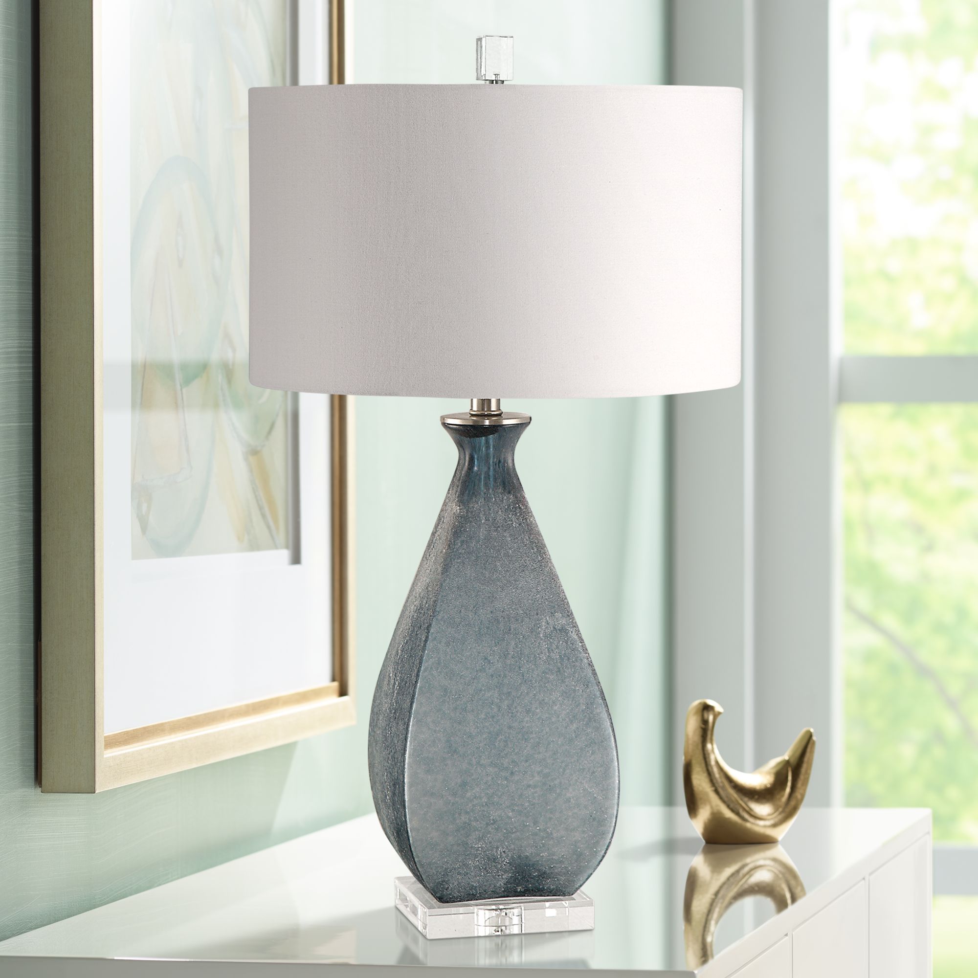 large blue glass table lamp