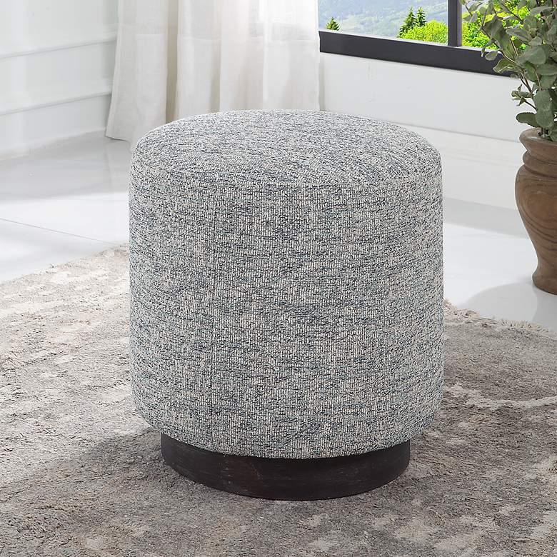 Image 1 Uttermost Avila Blue and White Tweed Fabric Round Ottoman