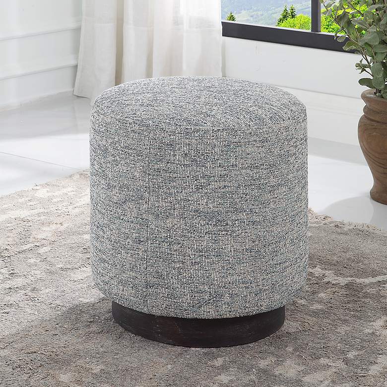 Image 5 Uttermost Avila Blue and White Tweed Fabric Round Ottoman more views