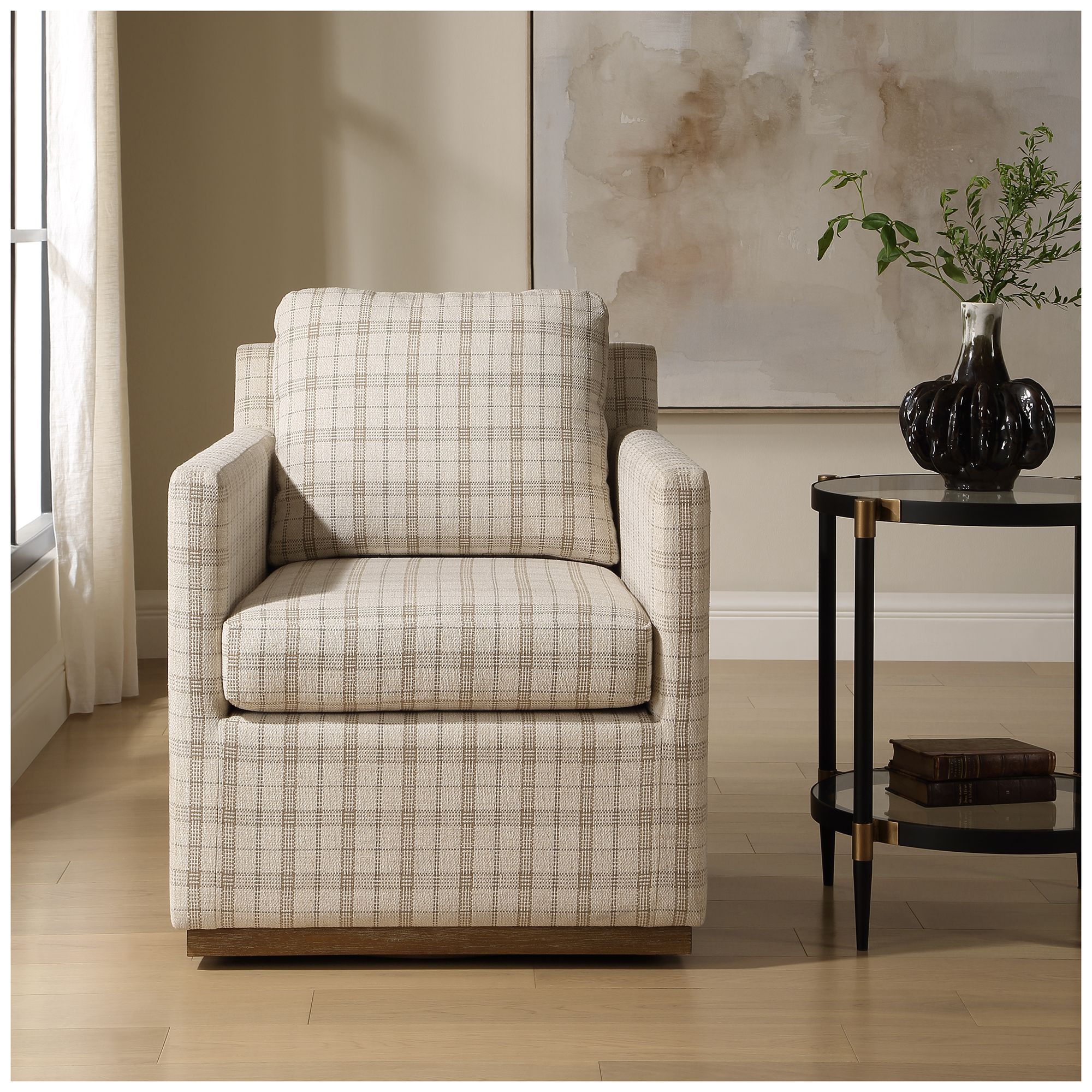 Image 3 Uttermost Basie Plaid Linen Fabric Swivel Chair more views