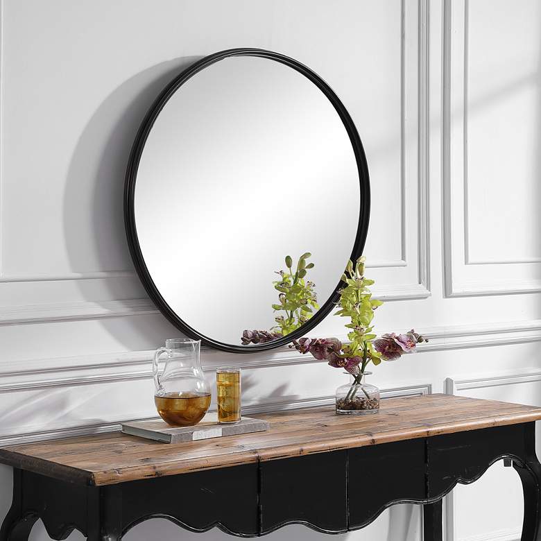 Image 1 Uttermost Belham Aged Satin Black/Bronze 35 inch Round Wall Mirror