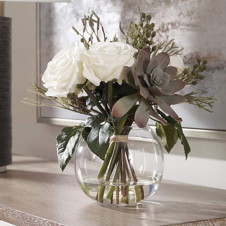 Image 1 Uttermost Belmonte 13" High Faux Succulents and White Roses Bouquet