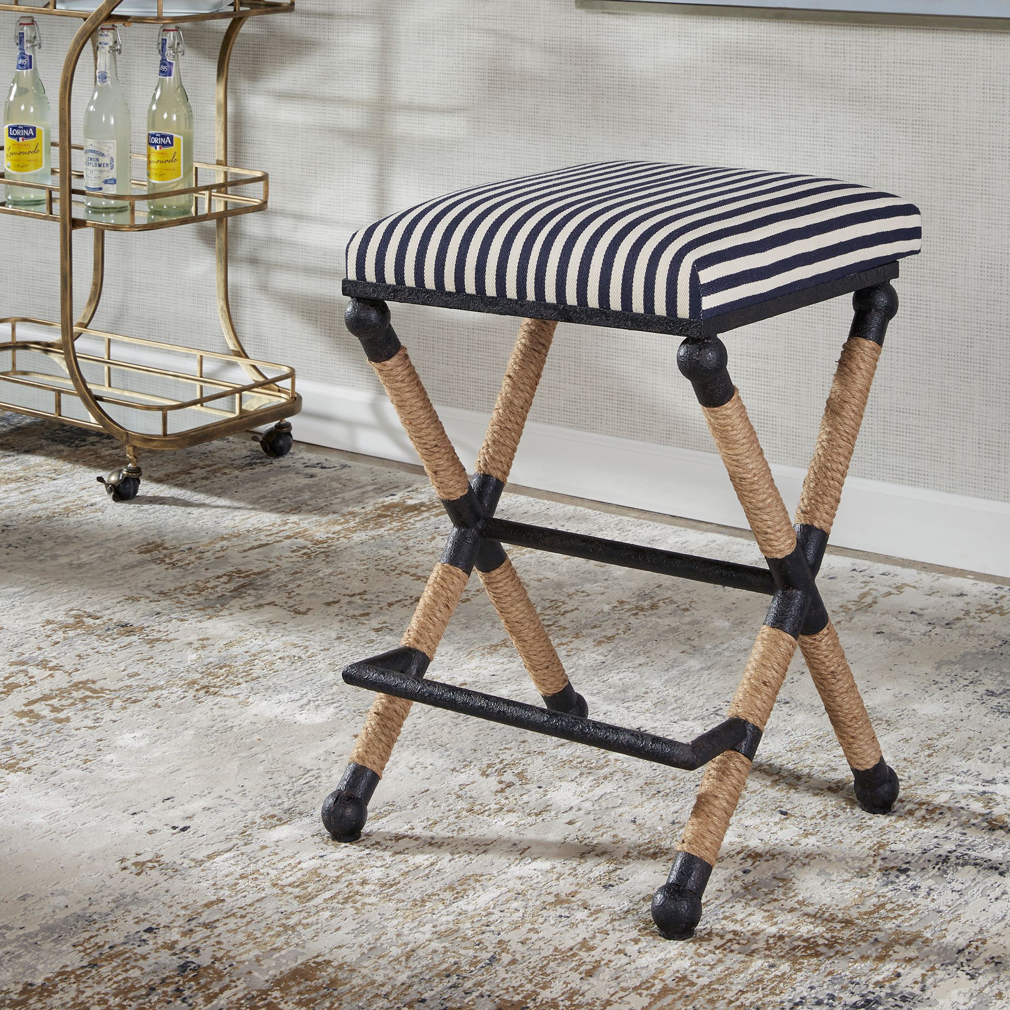 Uttermost Braddock 27.63-in H x 18.75-in W Navy and Cream Counter Stool