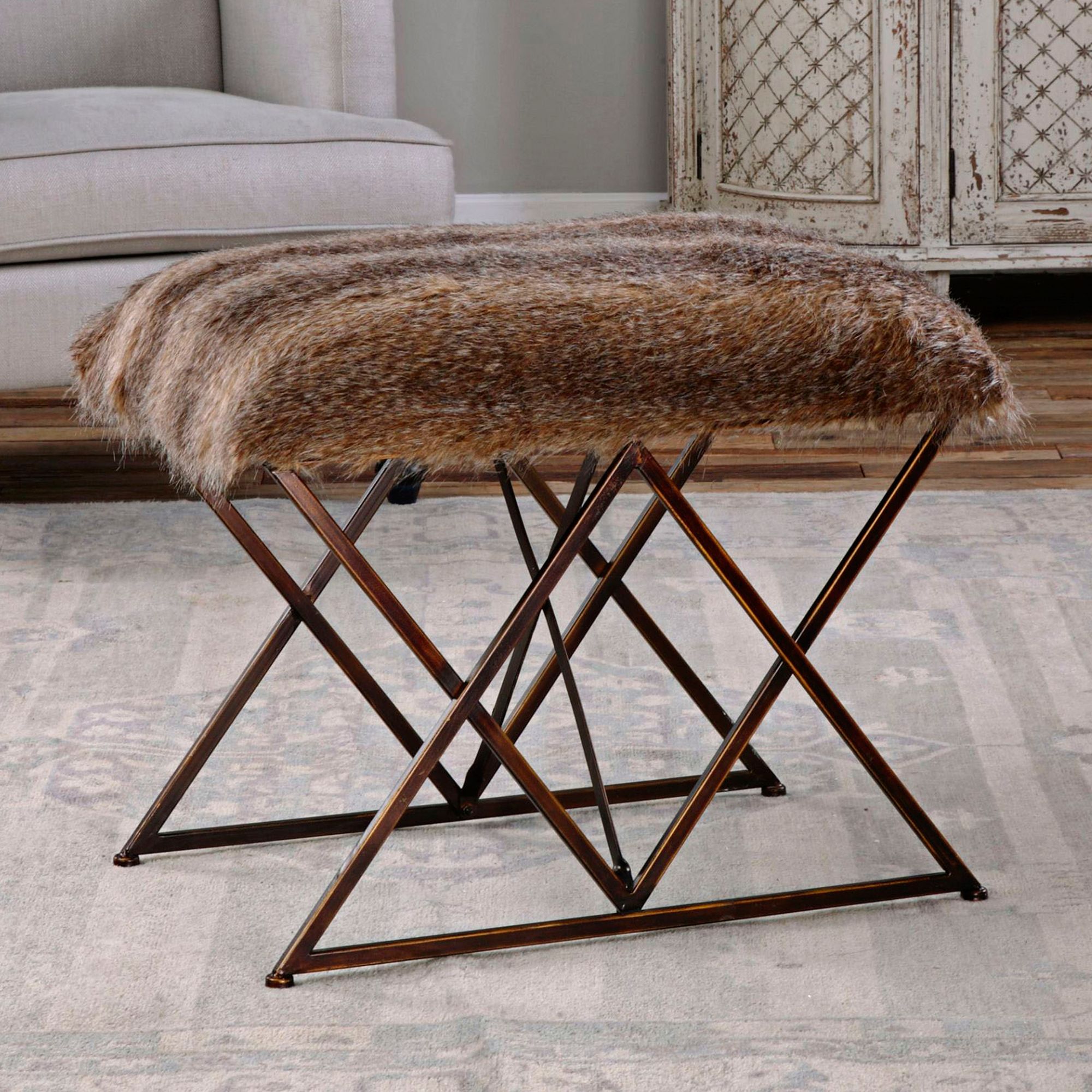 Uttermost Brannen Brown Faux Fur Small Argyle Iron Bench 1Y108