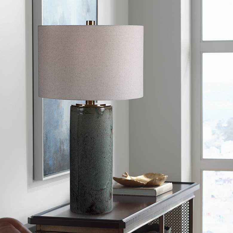 Image 1 Uttermost Callais 32 1/2" Aqua Blue Column Ceramic Table Lamp