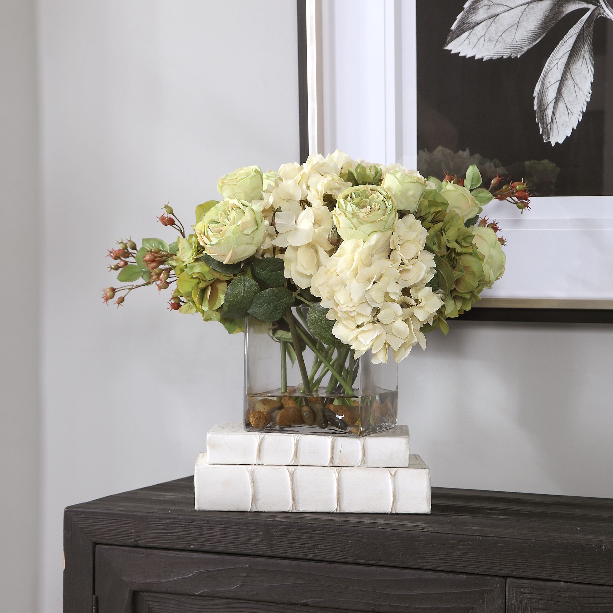 Uttermost Cecily Cream Hydrangea and Rose 15"W Faux Flowers in Vase in scene