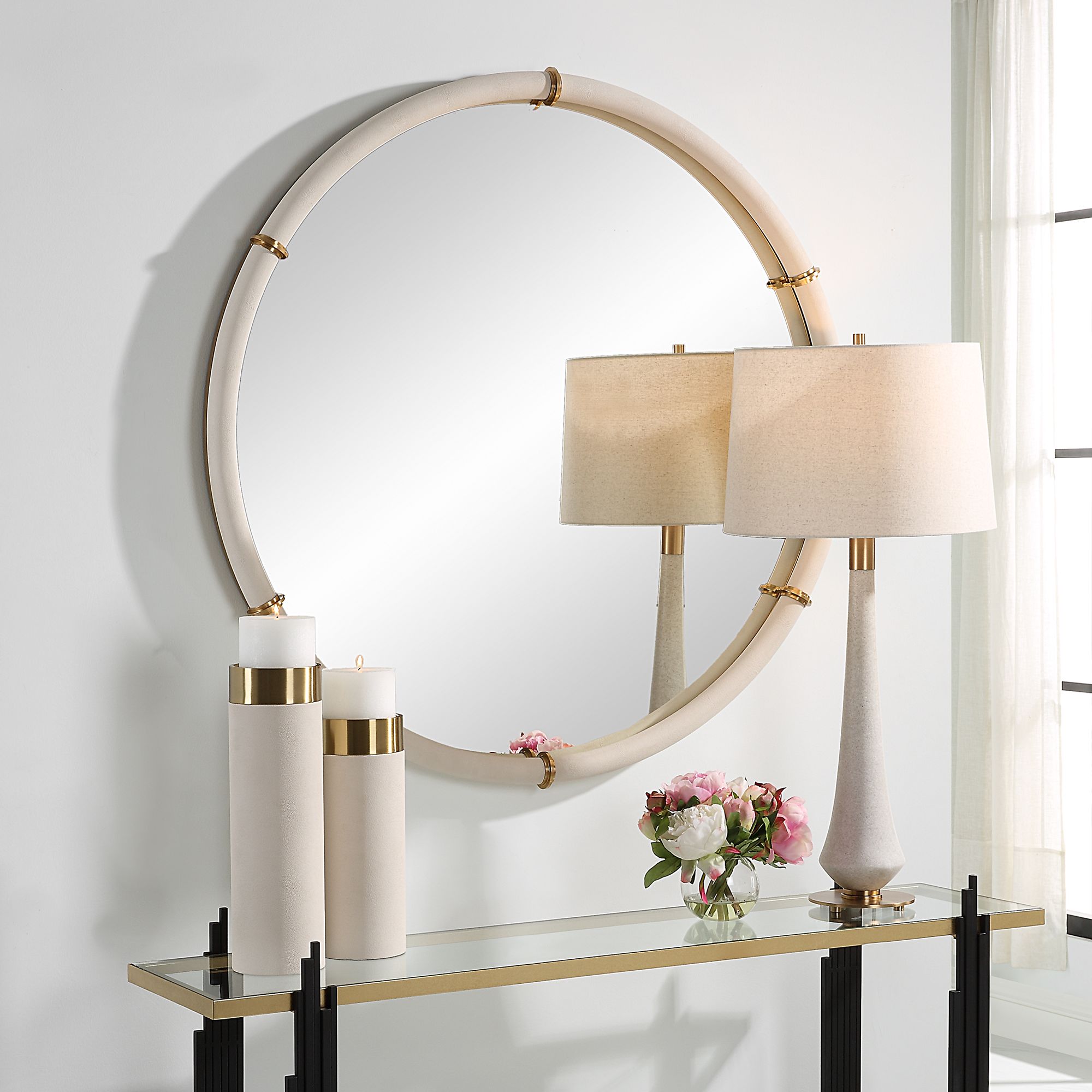Image 3 Uttermost Cyprus 43" Round White and Brass Mirror more views