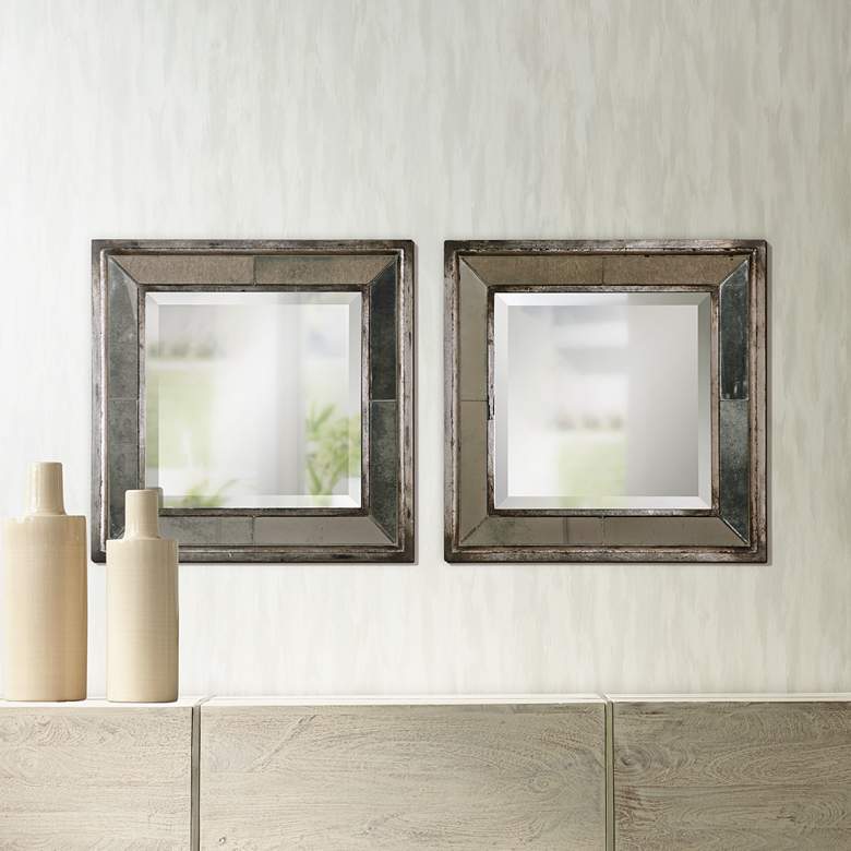 Uttermost Davion Antiqued 18&quot; Square Wall Mirrors Set of 2