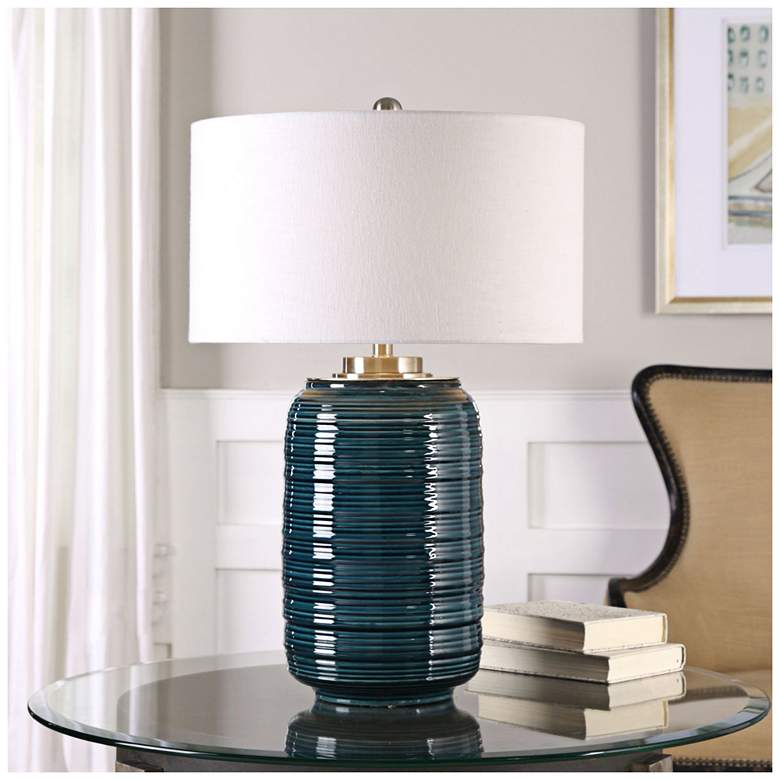 Image 1 Uttermost Delane Dark Teal Ribbed Ceramic Table Lamp
