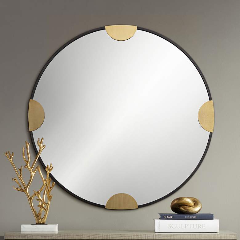 Image 2 Uttermost Demia Matte Black Bronze and Gold 34" Round Wall Mirror