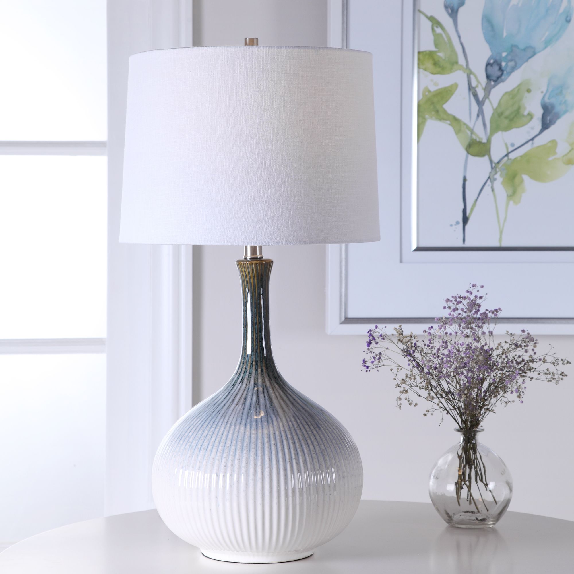 brown and blue table lamps