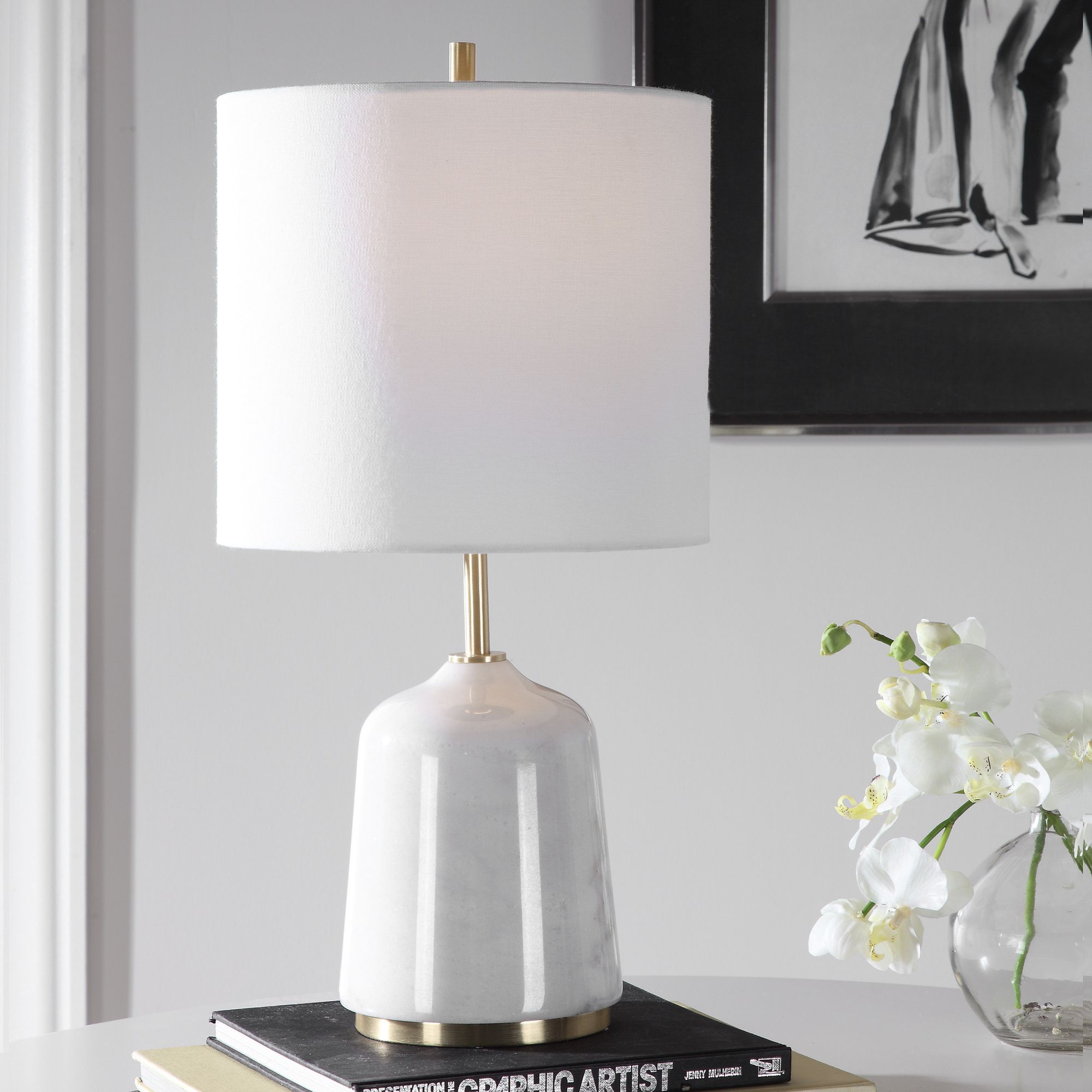 geometric with marble accent lamp brass