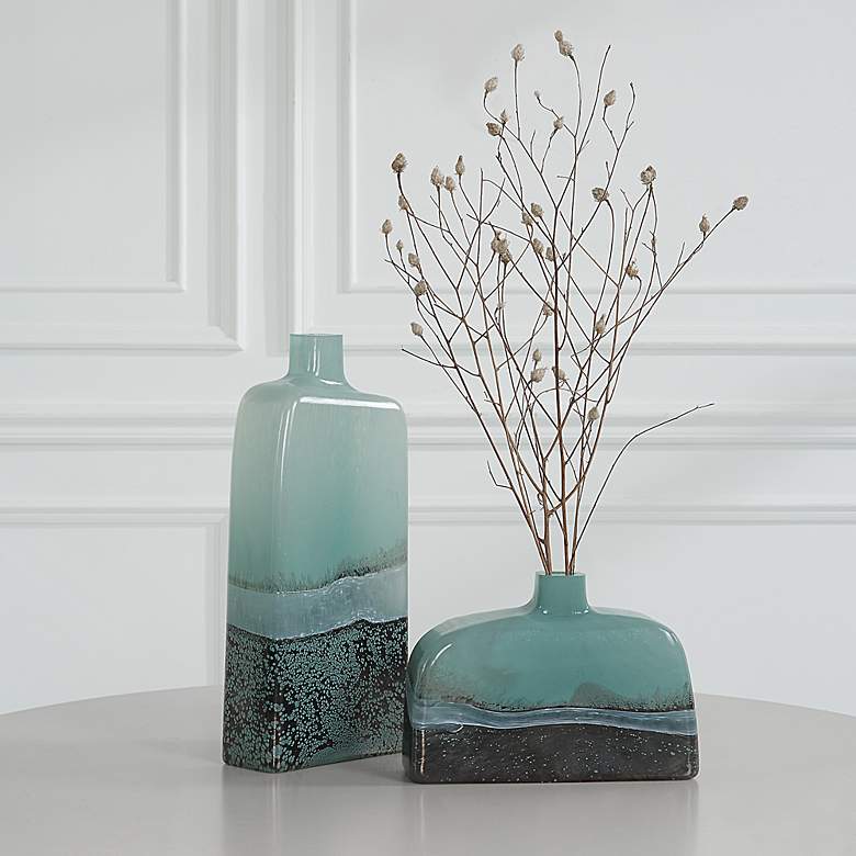 Image 1 Uttermost Fuze 14" High Aqua and Bronze Glass Vases Set of 2