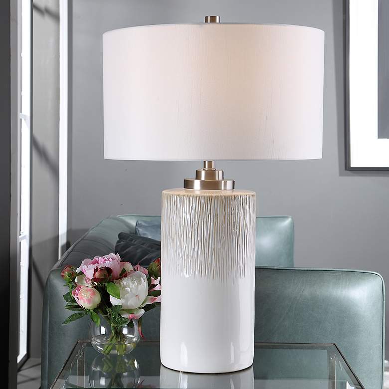 Image 1 Uttermost Georgios Aged White Ceramic Cylindrical Table Lamp
