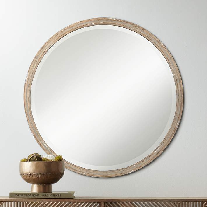 Round Beveled Wall Mirror with Galvanized Metal Frame