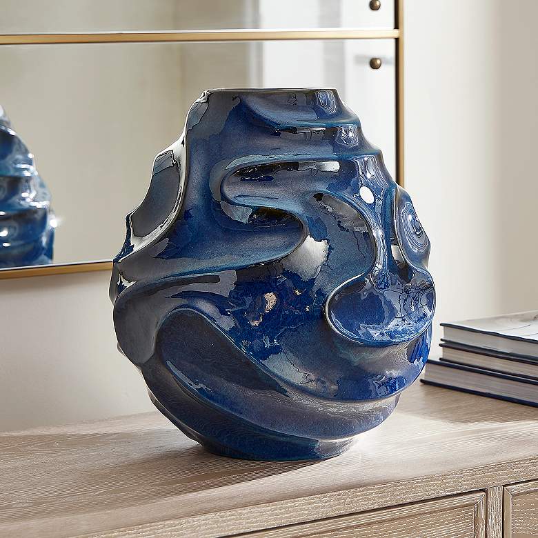 Image 1 Uttermost Helix Swirl Deep Blue Indoor-Outdoor Earthenware Vase