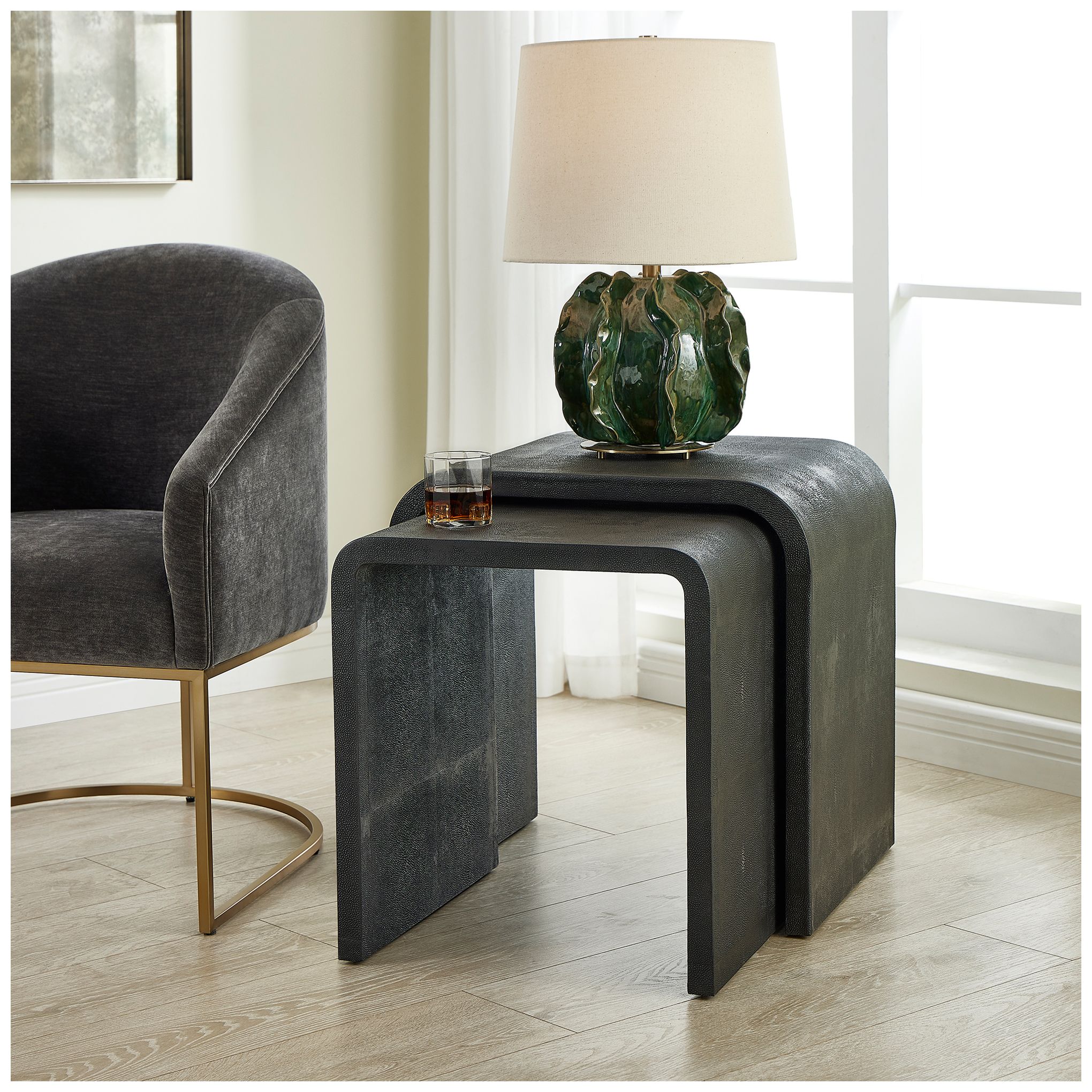 Image 3 Uttermost Interpose Gray Faux Shagreen Side Table Set more views