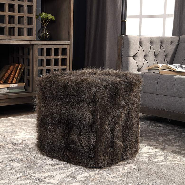 Uttermost Jayna Charcoal Brown Faux Fur Square Ottoman
