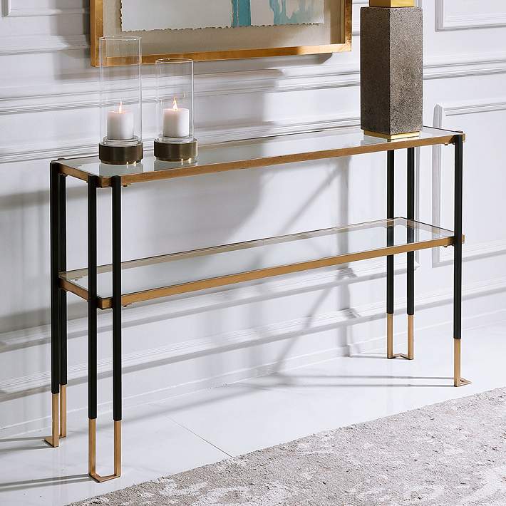 Wide Matte Black And Gold Console Table
