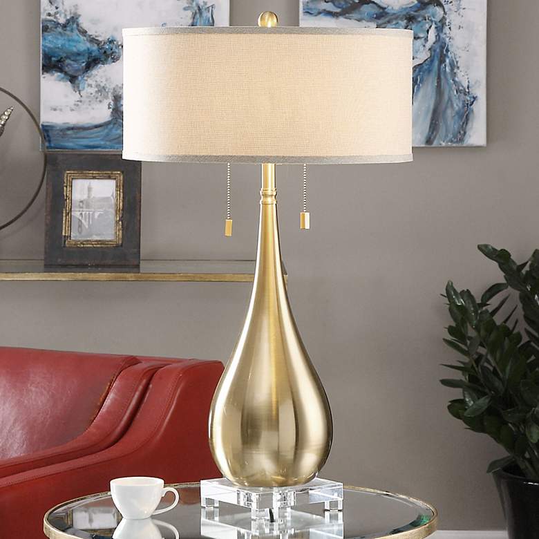 Image 1 Uttermost Lagrima 31" Plated Brushed Brass Metal Teardrop Table Lamp