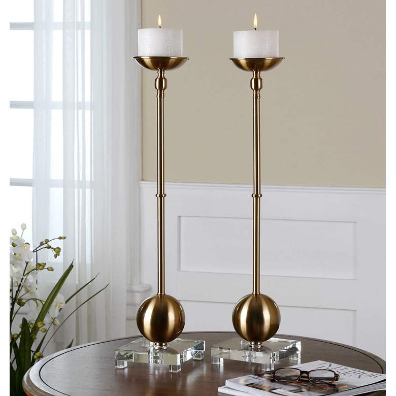 Image 1 Uttermost Laton Brushed Brass Pillar Candle Holders Set of 2