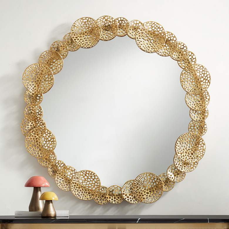 Image 1 Uttermost Layered Lotus Leaf 33 1/2" Wide Gold Round Wall Mirror